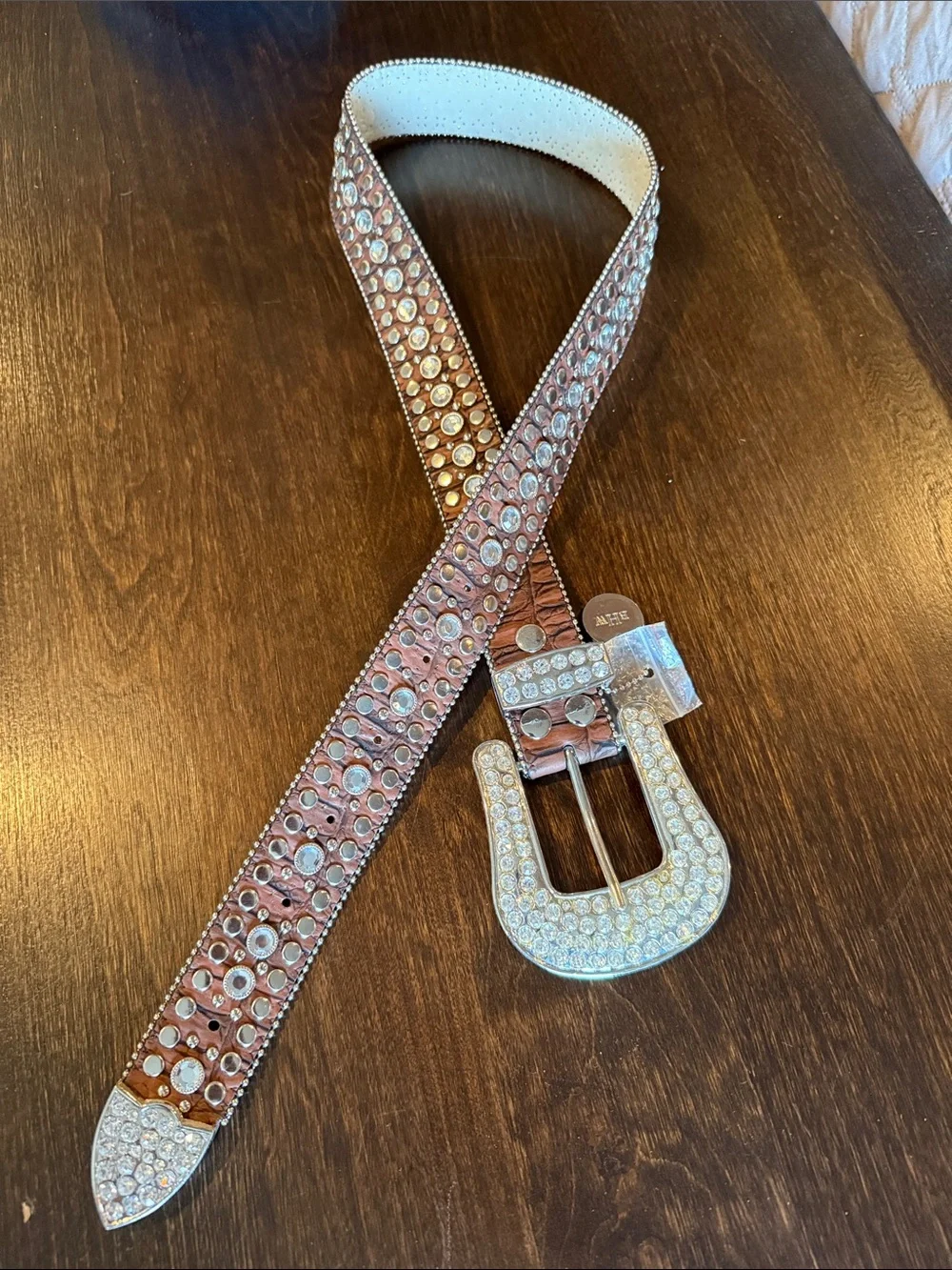 Crystal-Embellished Brown Leather Belt with Rhinestone Buckle